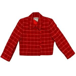 Vintage Red White and Blue Plaid Wool Blend Tweed Cropped Jacket (S/M)